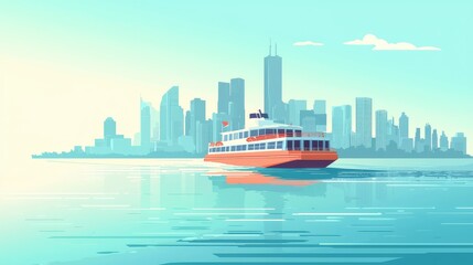 Fototapeta premium Colorful Ferry Cruising Through Serene Urban Waterscape
