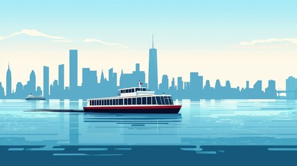 Fototapeta premium Scenic Urban Skyline with Ferry on Calm Water in Soft Blue Tones
