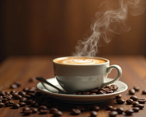 Close-Up of a Steaming Coffee Cup in a Cozy Minimalist Setting &ndash; Aesthetic Warm Tones, Wooden Table, and Coffee Beans in Extreme Detail, Capturing Rich Aromas and Indulgence in Stunning