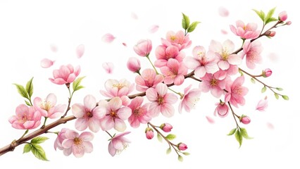 Obraz premium A delicate, hand-painted cherry blossom branch with soft pink petals and gentle green leaves on a white background