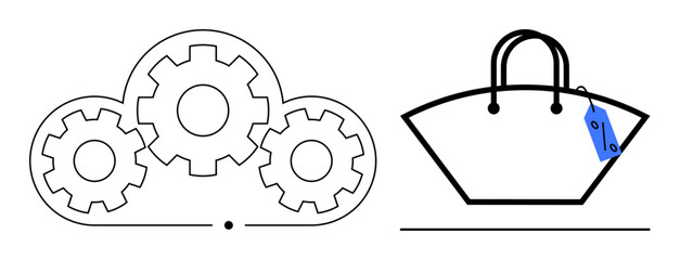 Gears within a cloud connecting with a shopping bag with a price tag. Ideal for retail automation, digital transformation, smart retail, eCommerce, cloud technology, innovation, efficiency. Abstract