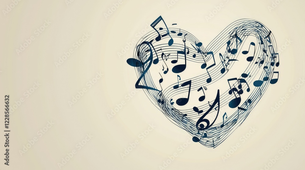 Poster heart shape created with musical notes and clefs in blue color