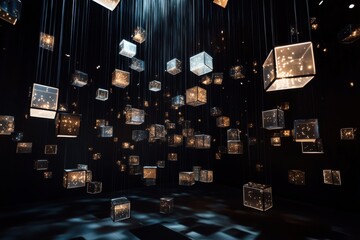 Data analytics portrayed by floating geometric patterns in dark space with edge lighting composition and long exposure 