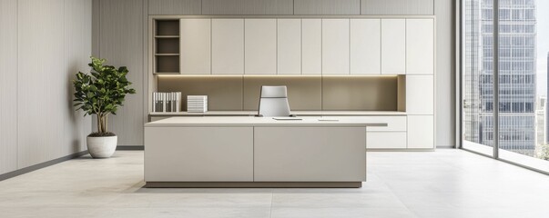 A modern kitchen with sleek cabinetry, a central island, and large windows showcasing a bright, minimalist design.