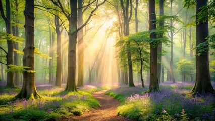 Obraz premium Enchanting Forest in Soft, Dreamy Light and Gentle Mist, woodland, tranquility, woodland, tranquility, mist