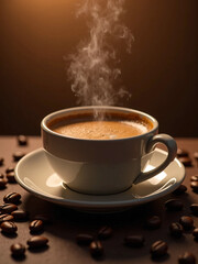 Fototapeta premium Close-Up of a Steaming Coffee Cup in a Cozy Minimalist Setting – Aesthetic Warm Tones, Wooden Table, and Coffee Beans in Extreme Detail, Capturing Rich Aromas and Indulgence in Stunning