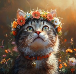 Watercolor portrait of cute grey cat with pink rose flower crown in golden hour lighting