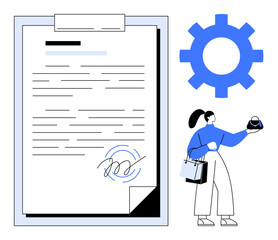 Large signed document, linked gear icon, woman with shopping bags holding apple. Ideal for business, digital transformation, e-commerce, automation, paperwork technology efficiency themes. Abstract