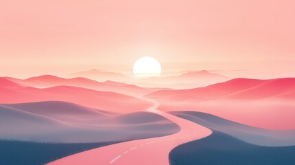 Serene Sunset Over Dreamy Pink Hills and Winding Road