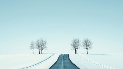 Obraz premium Serene Winter Road with Bare Trees in Tranquil Snowy Landscape