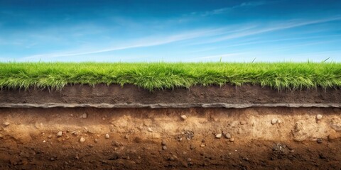 underground soil layer cross section, erosion in ground top with grass, earthy, landscape,  earthy, landscape, earth