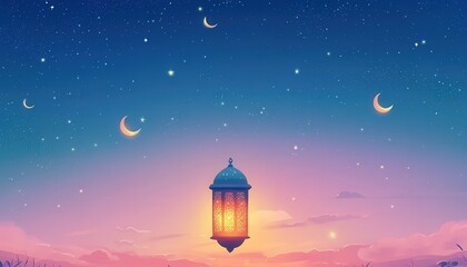 Serene Night Scene Ramadan Lantern Illuminated Under Starlit Sky Crescent Moons Peaceful Evening