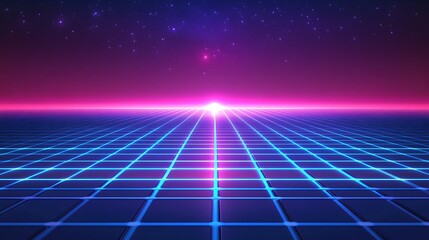 Retro Futuristic Grid Landscape Underneath a Starry Sky