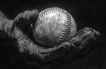 Baseball in Hand of Player Capturing Sports Essence in Dramatic Black and White Contrast