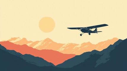 Fototapeta premium Vintage Airplane Flies Over Mountain Landscape at Sunset
