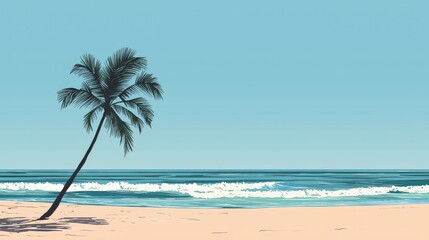 Tranquil Beach Scene with Palm Tree and Calm Ocean View