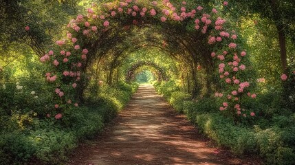 Lush Pathway Through Flower Archways in a Vibrant Garden Surrounded by Dense Greenery and Dappled Sunlight