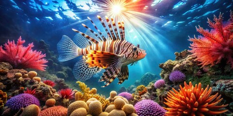 Obraz premium Lionfish Underwater Reef Landscape Photography - Invasive Species Ocean Wildlife