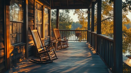 Tranquil Cabin Porch with Rocking Chairs at Sunset with Golden Light
