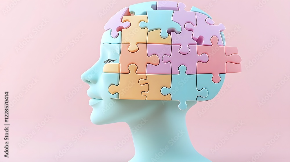 Poster detailed and vivid puzzle pieces creating the silhouette of a human head against a smooth gradient b