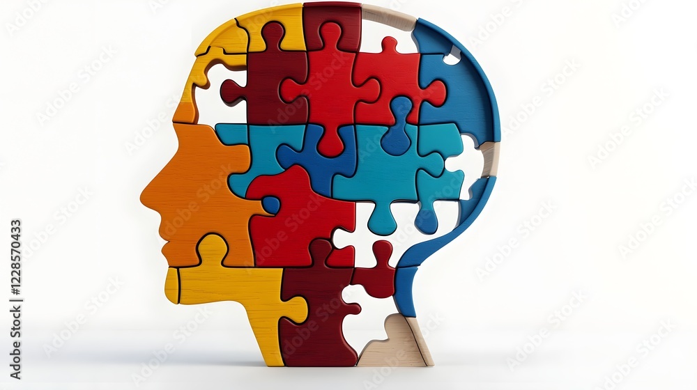Poster Detailed puzzle design of a human head with a missing blue piece symbolizing the need for mental clarity and problem solving skills against a softly blended gradient background