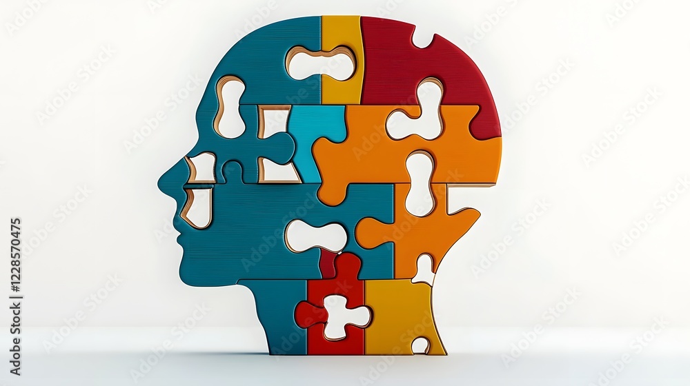 Poster detailed puzzle design of a human head missing a blue piece representing mental clarity and problem 