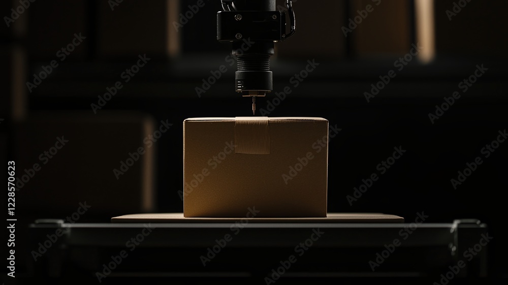 Poster machinery automation concepts. a box under a robotic arm in a dark warehouse environment.