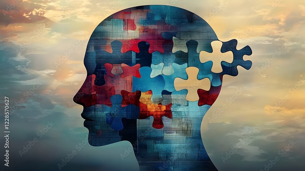 Poster intricate puzzle of a human head with one blue piece missing highlighting themes of mental wellness 