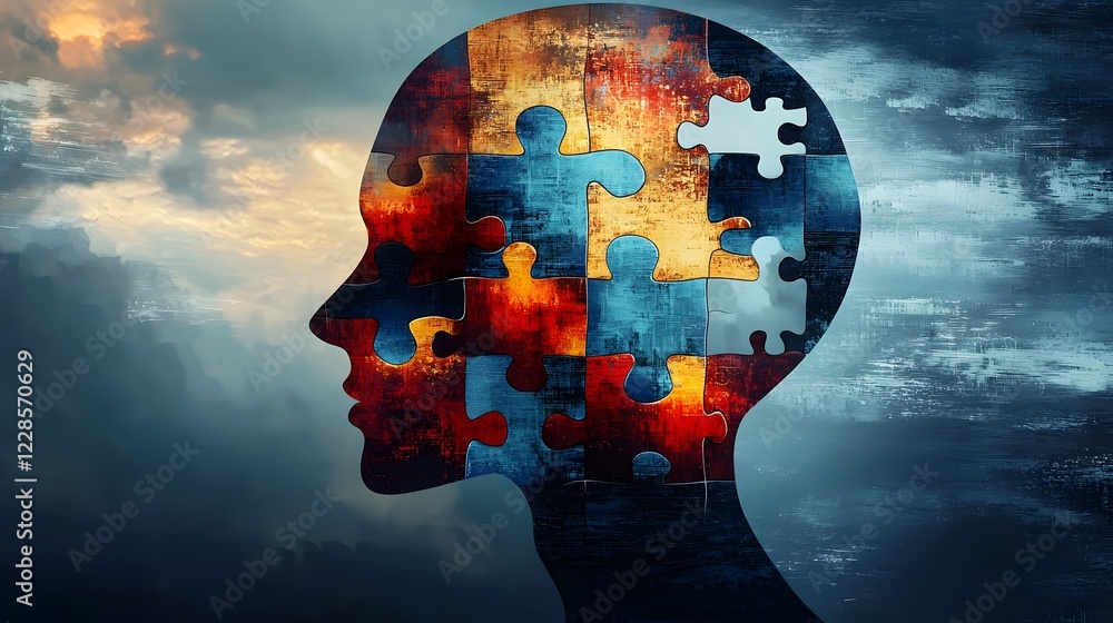 Aufkleber missing piece in the puzzle of the mind a conceptual portrait of mental wellness and growth on a smo