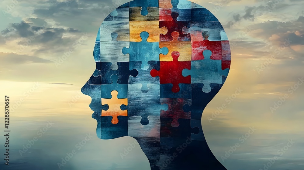 Aufkleber Intricate Puzzle of a Human Head with One Missing Piece Highlighting Themes of Mental Wellness and Growth on a Smooth Gradient Backdrop with Vivid Clarity and Sharp Focus