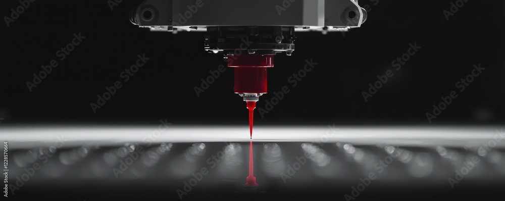 Poster machinery automation concepts. close-up of a laser printer nozzle emitting red laser on a surface.