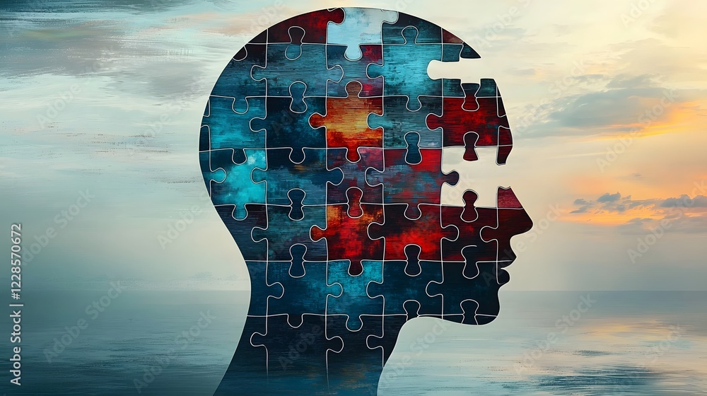 Aufkleber a human head profile made of interlocking puzzle pieces representing cognitive psychology and psycho