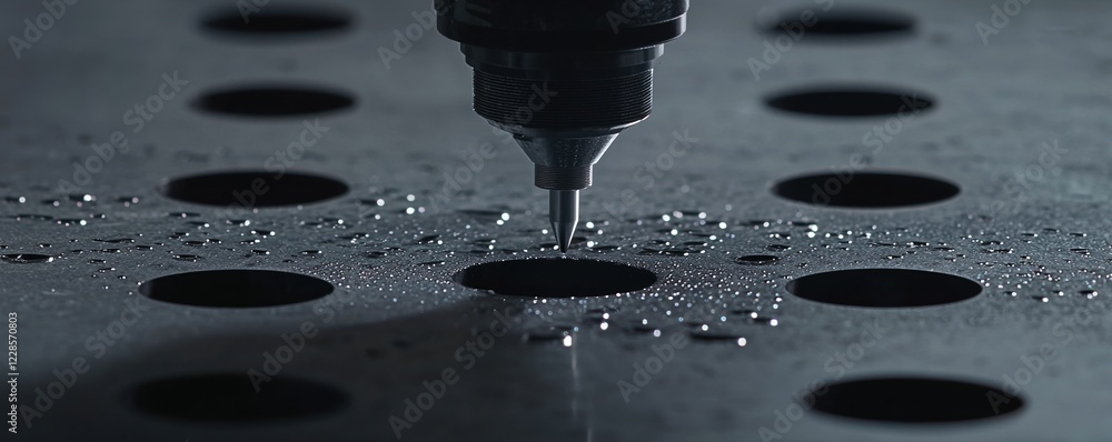 Poster machinery automation concepts. close-up of a nozzle dripping water onto a perforated surface.
