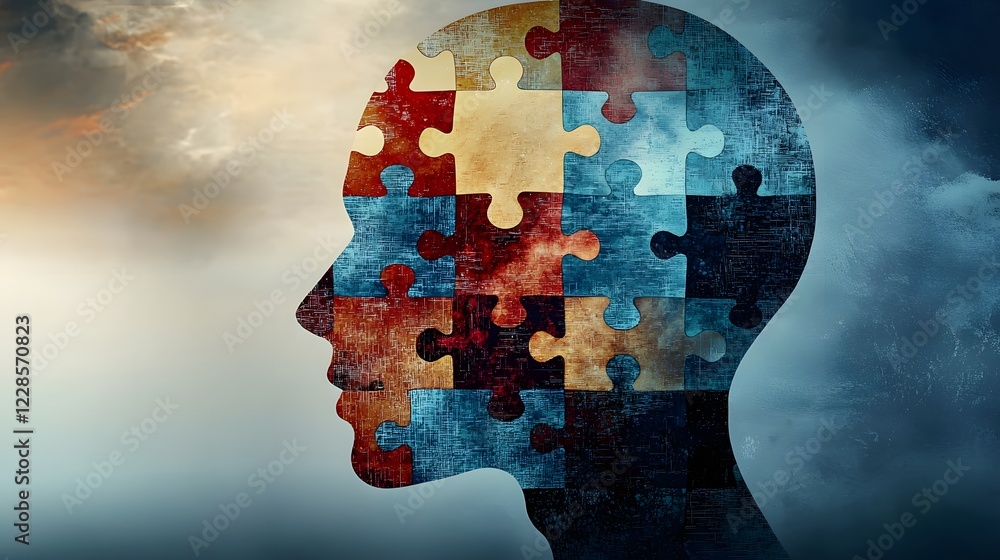 Poster colorful and abstract digital of a human head designed as a puzzle symbolizing mental health issues 
