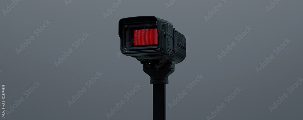 Poster machinery automation concepts. camera with red light against a gray background.