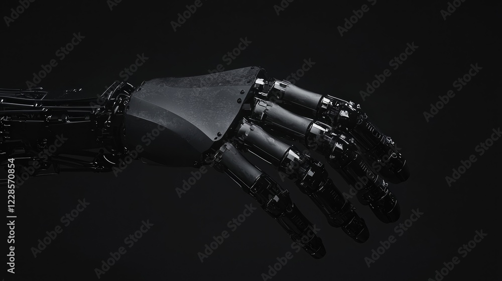 Poster machinery automation concepts. robotic hand with intricate mechanical details against a dark backgro