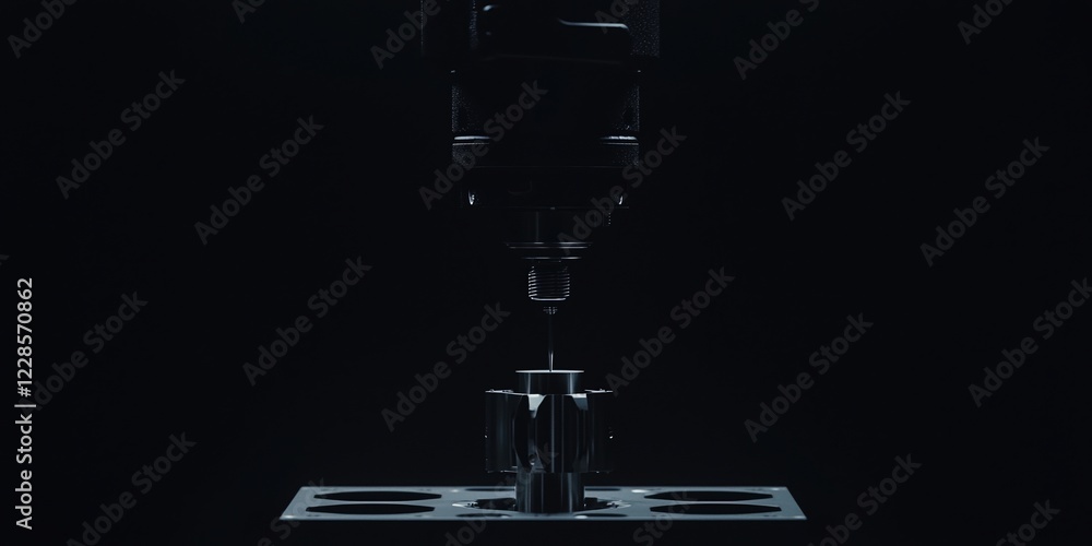 Poster machinery automation concepts. a robotic arm positioned over a dark background with a base plate.