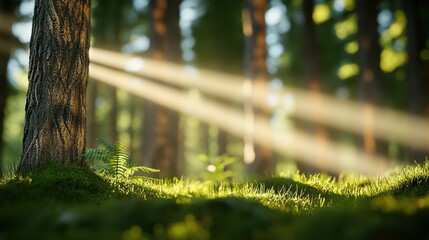 Fototapeta premium Serene Forest Scene Sunbeams through Trees illuminating Moss and Fern
