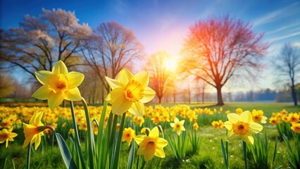 Fototapeta premium Yellow daffodil flowers blooming in a field on a sunny spring day with green grass and blue sky, surrounded by trees with pink blossoms , garden, yellow flowers