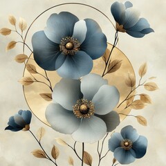Abstract Floral Watercolor Pattern with Geometric Shapes and Gold Accents on Gray Background