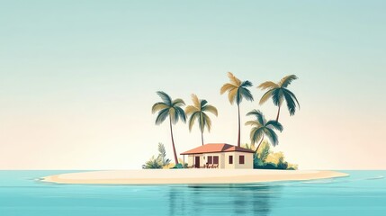 Fototapeta premium Tropical Island Scene with House and Palm Trees in Calm Water