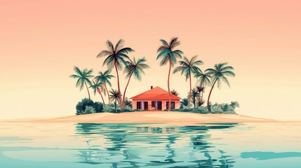 Tranquil Island Escape with House Surrounded by Palm Trees at Sunset