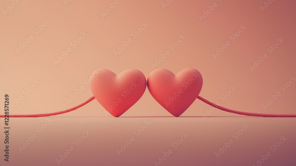 Poster two soft hearts connected by a red rope on a gradient background