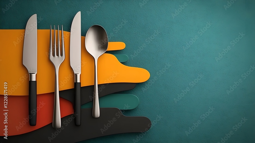 Poster Modern and minimalist graphic collection of catering icons including a fork spoon knife and chef hat designed for culinary concepts restaurants and cafes in a sleek elegant style on a plain backdrop
