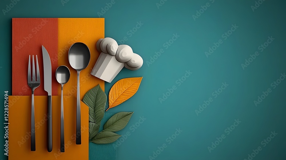 Poster Minimalist catering icon set featuring clean and modern graphics of a fork spoon knife and chef hat ideal for restaurant and cafe visuals on a simple neutral background with sharp clarity