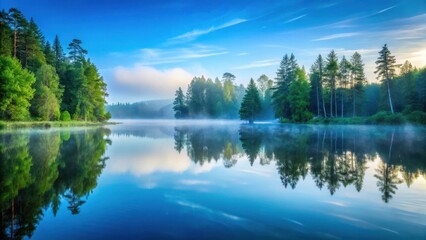Obraz premium A glassy calm lake on a misty morning with soft blue light reflecting off its surface, surrounded by tall trees and lush greenery in the foreground , forest, nature