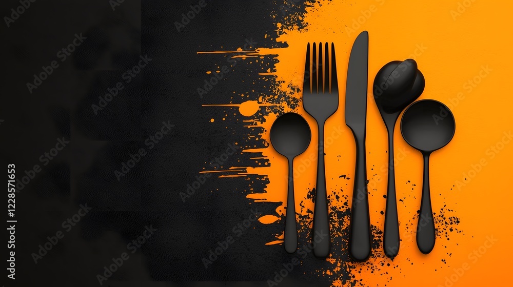 Poster minimalist abstract design featuring catering icons like fork spoon knife and chef hat for branding 