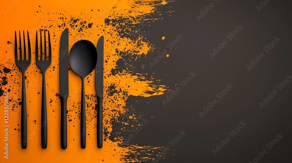 Poster Abstract minimalist design featuring a set of catering icons including a fork spoon knife and chef hat on a plain backdrop