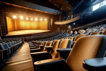 Modern theater interior with bright lights and empty seats.