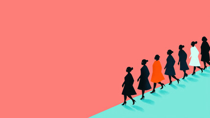 A minimalist illustration showing women in colorful dresses walking, symbolizing diversity, empowerment, and individuality against a vibrant background.